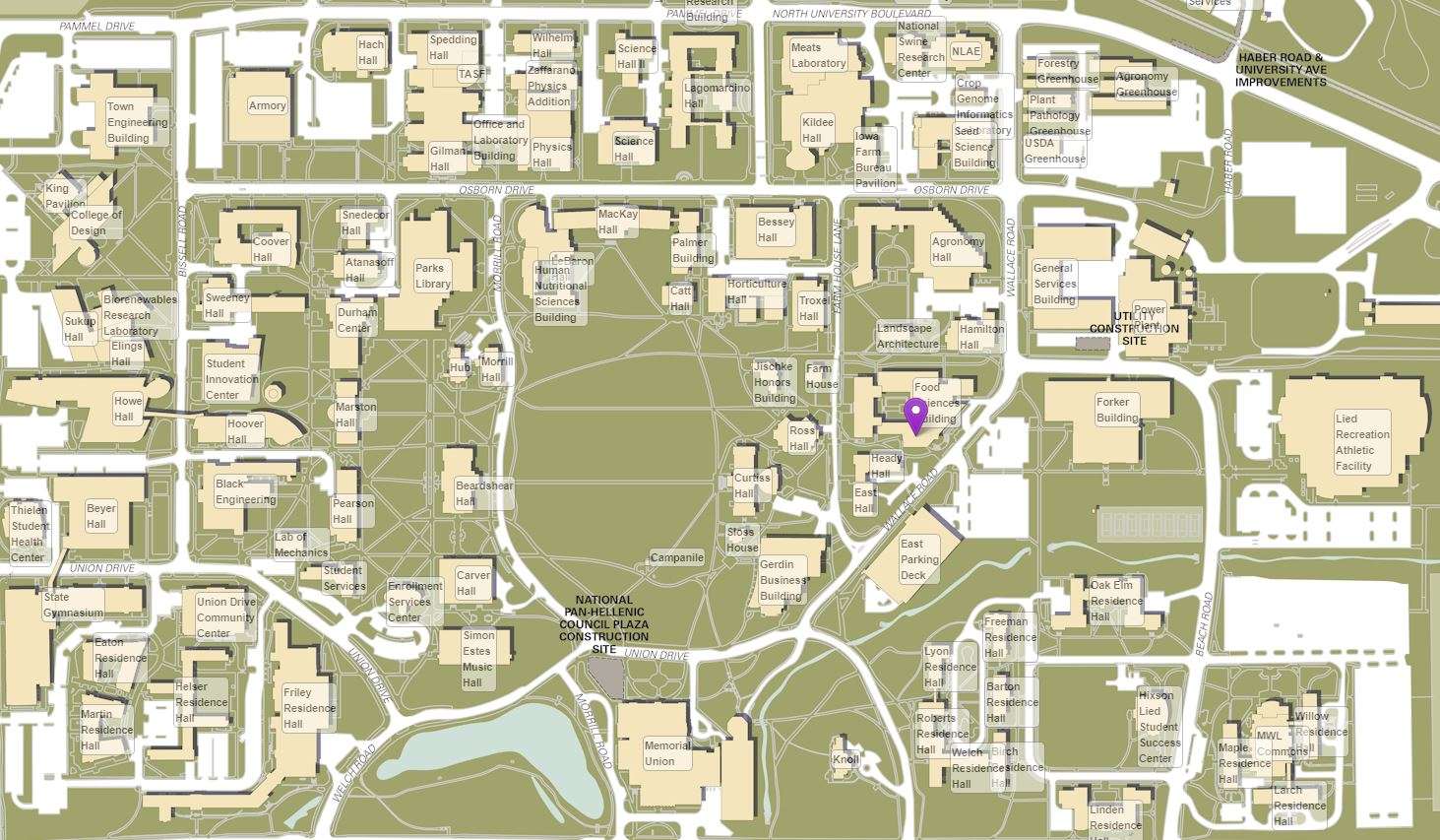 A map illustrating where the Creamery is located on Iowa State's campus.